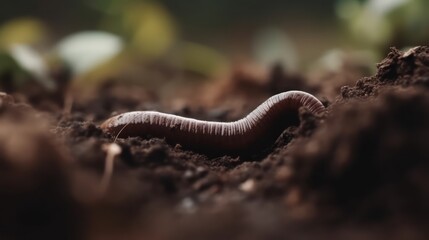 One earthworm on wet soil closeup view