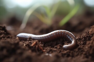 One earthworm on wet soil closeup view