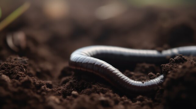 One earthworm on wet soil closeup view