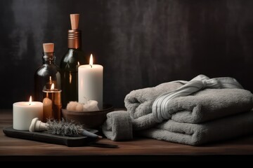 Fototapeta na wymiar spa concept wallpaper background with candles and towel,relaxing mind and thoughts