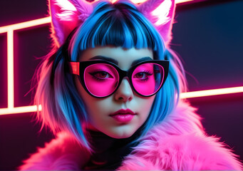 Cyberpunk neon pink catgirl. Fetish fashion. Furry cat woman ears and glasses. AI Generative