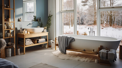 Scandinavian Style Bathroom with Snow View