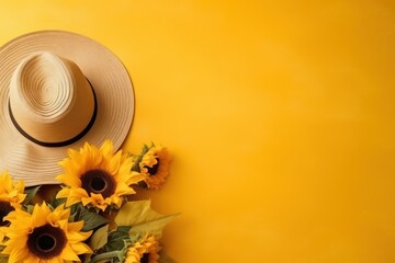 Yellow summer wallpaper background with sunflowers and a straw hat,sunflowers background  - obrazy, fototapety, plakaty