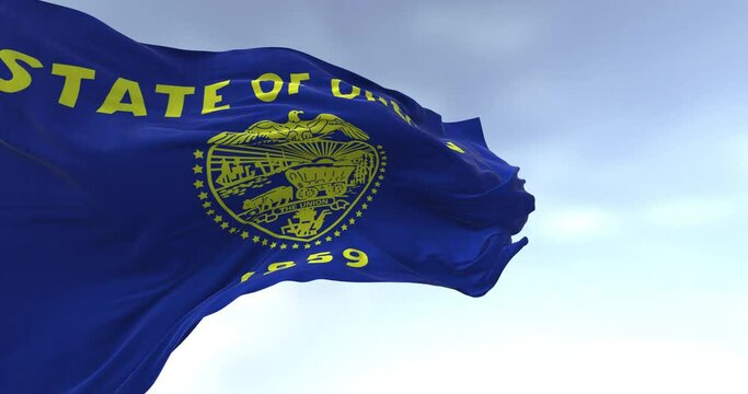 Close-up of the Oregon state flag waving