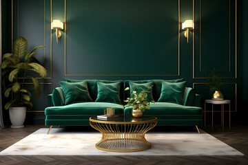 Living room with green velvet couch and gold coffee table, in the style of dark green and gold, minimalist - obrazy, fototapety, plakaty