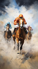 Horse racing, horses and jockeys battling for first position, jockeys heading to finish line, sports bet, gambling illustration