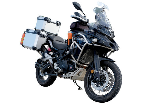 15 Oct 2023,Thailand, khonkaen - Full body front view Motorbike of Benelli TRK502X Black color year my 20-2023, Big bike for travel on the road isolated on transparent background, PNG File