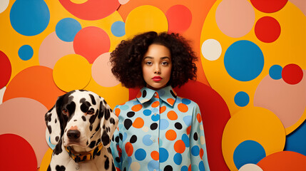 portrait of girl and dalmatian dog with colorful polka dot spots background 
