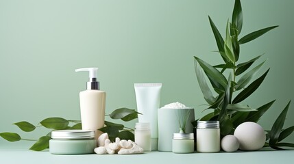Fototapeta na wymiar A Skin care products, lotions, creams, ointments and eucalyptus on a green pastel background in a contemporary DIY style. Light green and white. Detailed leaves, plastic, recycled, pastel background.