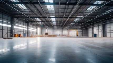 A Empty warehouse with concrete floor inside industrial building Use it as a large factory, warehouse, hangar or factory. Modern interior with steel structure with space for an industrial background.