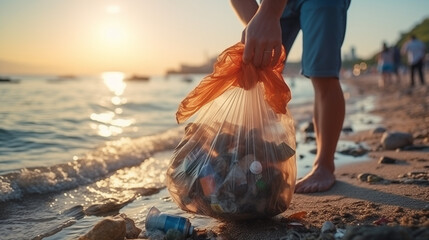 Volunteer man collecting trash on the beach. Ecology concept.