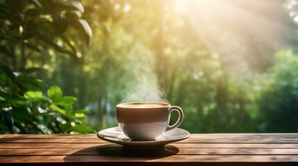 a cup of coffee set on an outdoor table, with the morning dew still fresh on the surrounding greenery. - obrazy, fototapety, plakaty