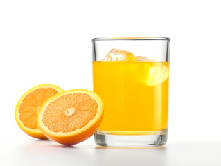 Glass of orange juice with slice of orange isolated on white background.