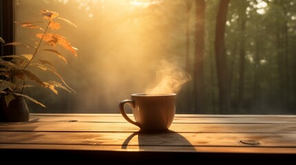 Naklejka na ściany i meble rays of sunrise illuminating a steaming cup of freshly brewed coffee on a rustic table, with a serene and warm ambiance that invites a moment of peaceful reflection