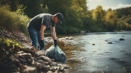 Volunteer man collecting trash on the river. Ecology concept.