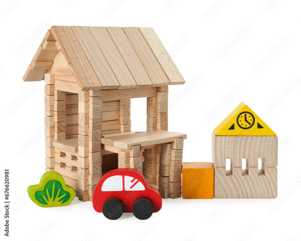 Wall mural Set of wooden toys isolated on white. Children's development