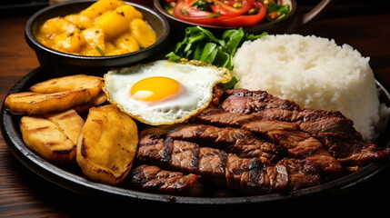 Grilled beef with rice and fried egg in a hot pan on a wooden table. AI Generative