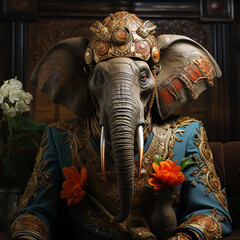 Regal Elephant in Teal Suit with Ornate Headdress and Jewels
