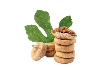 Dried figs and green leaf isolated on white