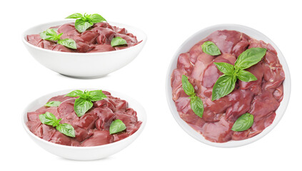 Fresh chicken liver in bowl isolated on white, collection. Top and side views