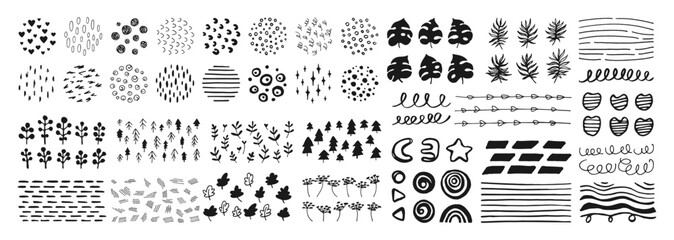 Abstract grunge shapes and doodle objects paint set. Hand drawn ink brush scribble curve graphic patterns. Trendy marker scribbles, curved sketch lines texture. Ornament isolated vector illustration