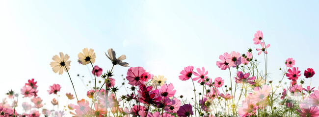 Cosmos flowers blooming panorama with sunset in the morning and bokeh in the garden.concept festival beautiful flower and love day.