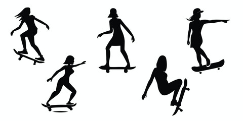 Fototapeta na wymiar Woman skater silhouettes set. Set of woman skater black flat icons. Vector illustration