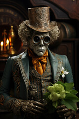 Skeletal Figure in Embroidered Suit Holding Flowers with Victorian Elegance