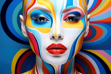 Close up of woman vibrant face painting, perfect makeup, beauty fashion