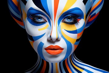 Close up of woman vibrant face painting, perfect makeup, beauty fashion
