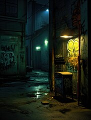 A dark alley with graffiti on the walls. Generative AI.