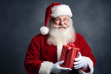 photo portrait of a santa claus holding a gift box, one color background and copy space, generative ai