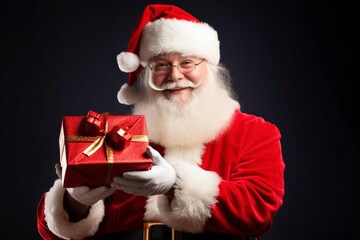 photo portrait of a santa claus holding a gift box, one color background and copy space, generative ai