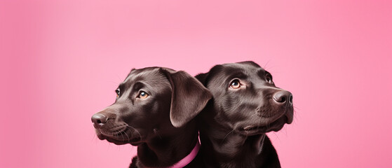 Chocolate labrador puppies | Two cute Labrador retriever dog couple in love on pink background | Puppys celebrating Valentine&rsquo;s Day | Pets celebrating birthday | Two dogs with hearts | Concept of love