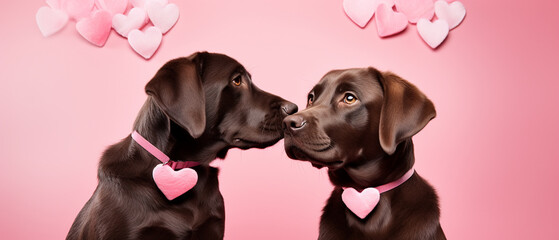 Two dogs playing with hearts | Two cute Labrador retriever dog couple in love on pink background | Puppys celebrating Valentine’s Day | Pets celebrating birthday | Two dogs with hearts