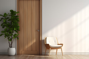 White room with a wooden door, plant and chairs, in the style of minimalist background, decorative lines, rounded, beige