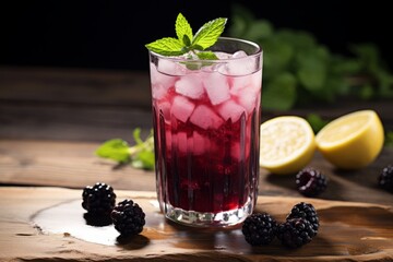 Homemade Blackberry Lemonade Served on an Old Wooden Table Under the Warm Afternoon Sun