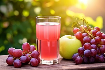 Enjoying a Delicious Glass of Icy Apple Grape Juice Surrounded by Fresh Apples and Grapes