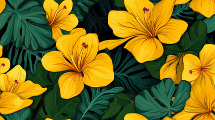 Tropical Flower Pattern with Deep Green Leaves and Bright Yellow Hues - obrazy, fototapety, plakaty