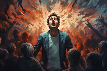 Fototapeta premium A man overwhelmed by anxiety surrounded by a large crowd concept art | Mental health abstract art concept | Mental health overwhelmed by anxiety