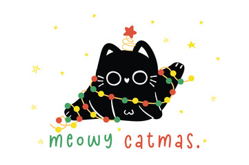 Cute Christmas Black Cat adorned with lights, humor greeting card, Funny and Playful Cartoon Illustration.