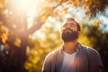 happy man outdoors in the forest