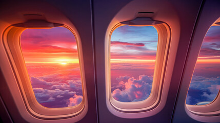 Airplane window view of beautiful clouds and sky at sunset time.
