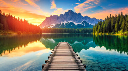 Wooden pier on the lake with reflection of mountains at sunset.