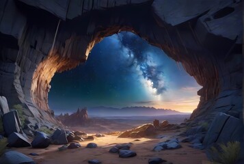 砂漠野営の洞窟から見る星空風景