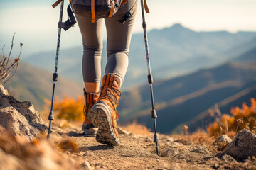 Hiker with backpack and trekking poles standing on top of a mountain - obrazy, fototapety, plakaty