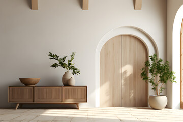 Fototapeta na wymiar 3d interior with wooden arched door and wooden furniture in the room, in the style of striped arrangements, white and beige, minimalist