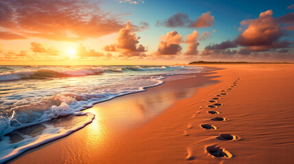 Beautiful seascape with footprints in the sand at sunset. - obrazy, fototapety, plakaty