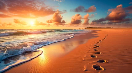 Foto op Plexiglas Beautiful seascape with footprints in the sand at sunset. © Formoney