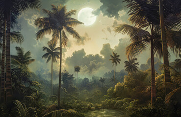 Fantasy landscape with palm trees and full moon